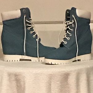 Women’s blue denim wedge boots